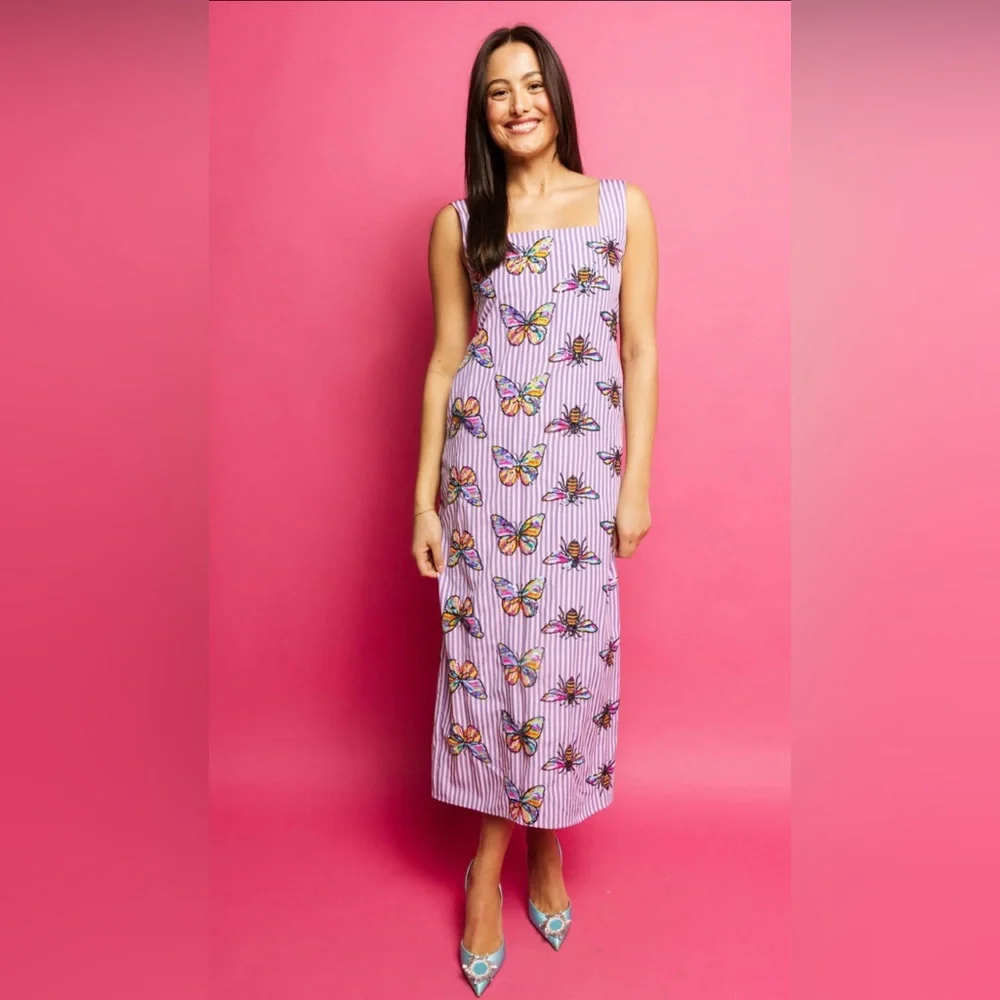 New! QUEEN OF SPARKLES Striped Sequin Butterfly & Bee Midi Dress